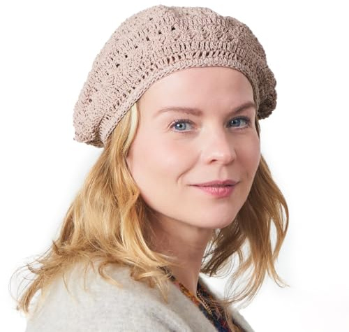 CHARM Donna Cappello Berretto Estivo Basco - Capello Uncinetto Francese Copricapo Crochet Elegante Cotone Rosa Beige