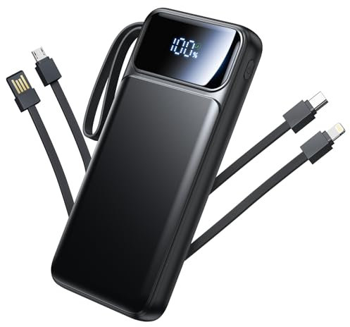 Batterie Externe 10000mAh Power Bank,Chargeur Portable 22.5W PD Rapide avec 4 Câbles Intégrés (USB-C/Lightning/USB-A/Micro-USB),6 Sorties & 3 Entrées pour iPhone 17/16/15, Samsung S24/S23, AirPods