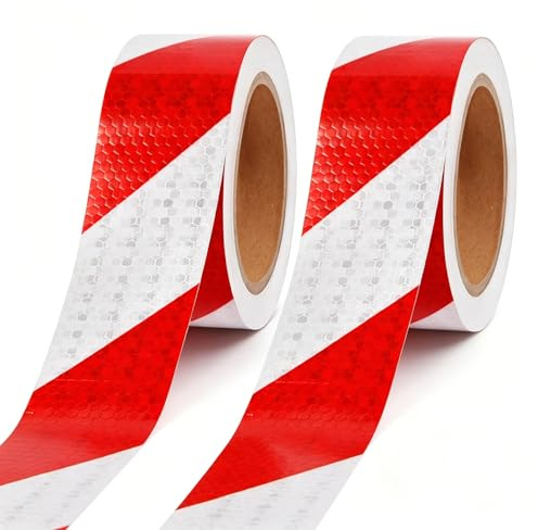2 Bande Réfléchissante Autocollante Rouleau Adhesif Rouge et Blanc 5CMx25M | Ruban Reflechissant Adhesif Rubans d'avertissement de Sécurité Ruban De Signalisation Pour Voitures Remorques Extérieur