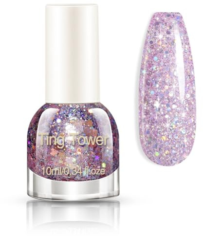 Glitter Nail Polish - Quick Dry Pink Nail Varnish - Flash Shinny Pink - Glitter Nail Varnish - Holographic Shimmer And Shine Glimmer Long-lasting Sequins Nail Art Varnish No UV Need