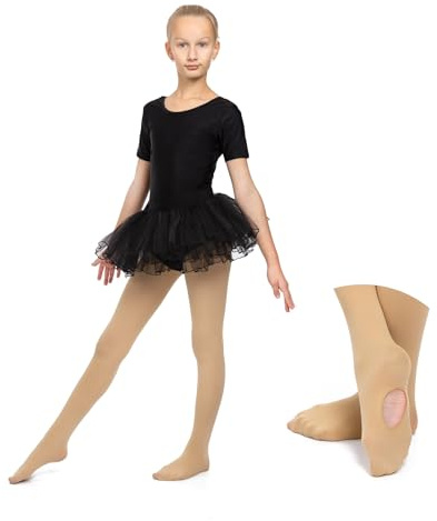 OVISSA Medias de Ballet para Niña con Agujero 60 DEN Resistentes Suaves y Elásticas para Danza y Gimnasia Durazno 146-164 cm