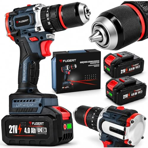 FUGERT Akku Schlagbohrschrauber 21V Bürstenlos 80Nm 2x 4000 mAh Akkus - 35 Drehmomentstufen & 3 Modi (Schrauben/Bohren/Schlagbohren) - 2-Gang I LED I 13mm Bohrmaschine Set
