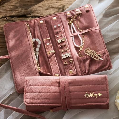BFBZYME Personalised Velvet Jewellery Roll, Customizable Name Or Initial, Travel Jewelry Storage Organizer Bag With Zipper Pockets & Necklace Holder, Wedding Bridesmaid Favor, Birthday Gift