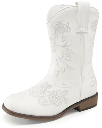 DREAM PAIRS Girls Floral Cowboy Boots,White,3 Big Kid