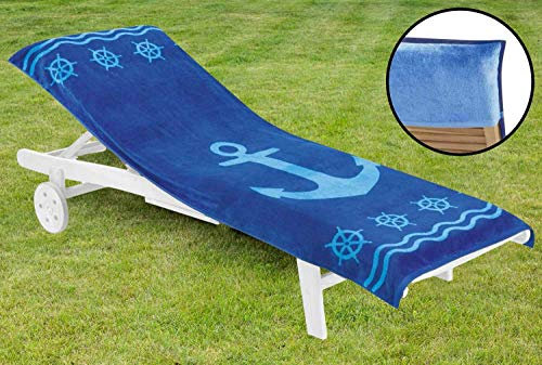 Serviette pour Bain de Soleil Ancre Bleu XXL, Housse de Protection pour Chaise Longue de Jardin, de Plage, 100% Coton égyptien, 83x200 cm