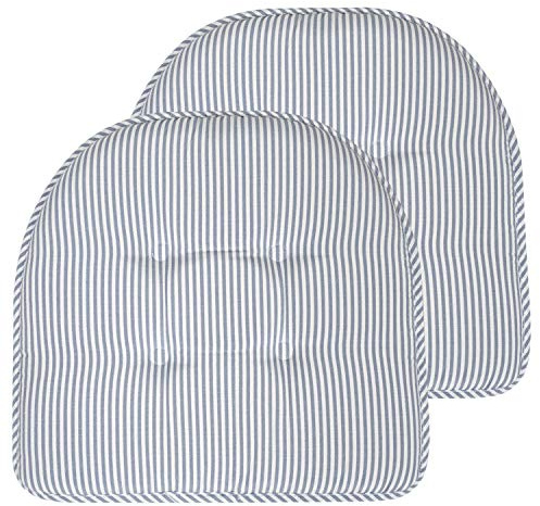Sweet Home Collection Chair Cushion Memory Foam Pads Tufted Slip Non Skid Rubber Back U-Shaped 17 x 16 Seat Cover, 2 Count (Pack of 1), Pinstripe Blue