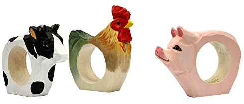 Set di 3 portatovaglioli fattoria: mucca, gallo e maiale in legno intagliato e dipinto a mano, circa 9x7x2 cm