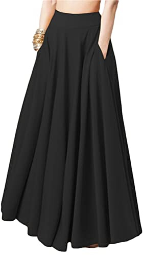 ORANDESIGNE Jupe Longue Femme Ete Taille Elastique Maxi Jupe Fluide Boho Rétro Mode Élégant Couleur Unie Jupe Plissee Trapeze Plage Casual Skirt Ete D Noir 3XL