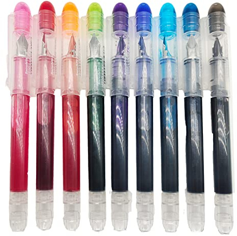 Set di 9 penne stilografiche usa e getta, penne stilografiche a inchiostro colorato per scrivere, scrittura liscia, calligrafia e scarabocchi, 9 colori di base.
