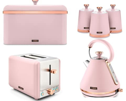 Tower Cavaletto Pink Pyramid Kettle, 2 Slice Toaster, Bread Bin & Set of 3 Tea, Coffee & Sugar Canisters. New Matching Set of 6 Kitchen Items in Pink & Rose Gold