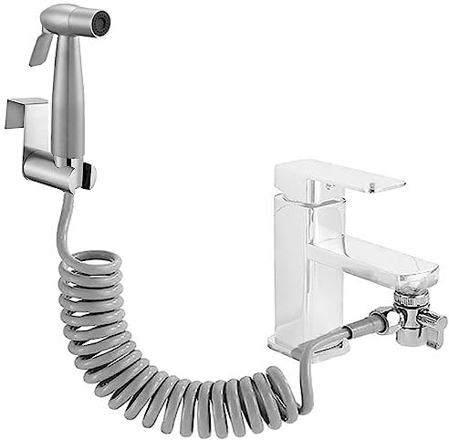 Bidet Edelstahl Handbrause Set, silberfarben, Badezimmer-Bidetaufsatz mit Spülduschkopf, Federschlauchhaken, Wasserhahnspender, Badezimmerhygiene und Windelreinigung