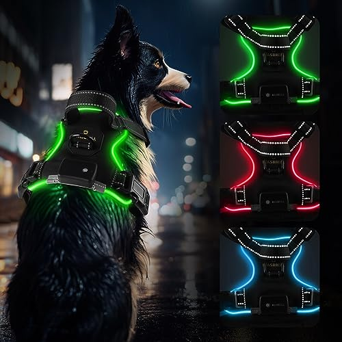 Harnais Chien Lumineux, LED Harnais Chien Anti Traction Réglable pour Petit Moyen Grand Chien, Réfléchissant éclairage Harnais avec 2 Anneaux et Poignée Contrôle, Facile à Mettre(Noir-Vert,L)