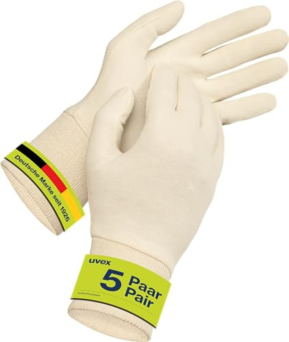 Uvex Guante de algodón, 5 pares, guantes cosméticos y de montaje con elastano (parte inferior, guante para monedas), transpirable, elástico y sensible, natural, talla 07/S