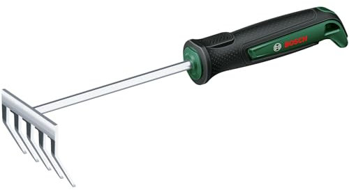 Bosch rastrillo manual para jardín (quitar malas hierbas y restos de jardín, robusto, acero inoxidable, mango engomado, ergonómico)