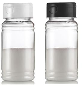 Set of 2 - Plastic Salt and Pepper Shakers with Lid, Moisture Proof Spice Dispenser, Seasoning Container Pourer with Shaker Lids, 3.5 oz., Black & White