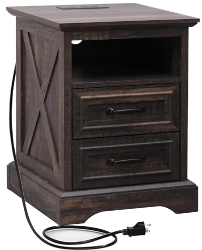 ALBAD Farmhouse Nightstand with Charging Station Rustic Bedside Table with 2 Drawers and Cubby Storage End Table with Metal Handle for Bedroom Office, Walut Brown