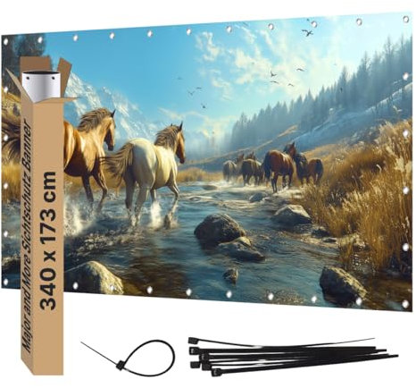 Major and More Bannière brise-vue en PVC - Grande bâche avec motif - Bannière à motif opaque pour terrasse, clôture, clôture de jardin, panneau de clôture, poster de jardin (340 x 173 cm, chevaux)