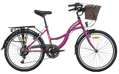 LUCHS 24 26 28 Zoll Feline Citybike mit Rattankorb – Hollandrad 21 Gang, Kinderfahrrad, Mädchenfahrrad & Damenfahrrad (26 Zoll (21Gang), Fuchsia (Lila))