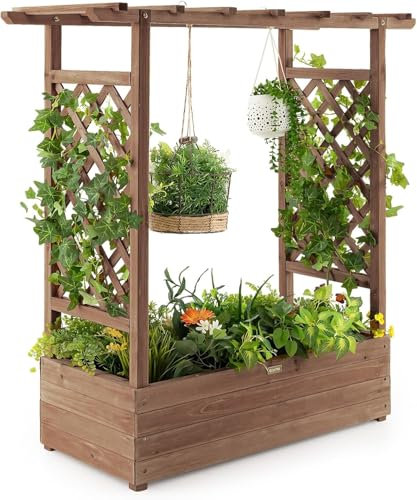 FANTASK Hochbeet mit Rankgitter & hängendem Dach, Pflanzkasten mit Rankhilfe, Blumenkasten für Kletterpflanzen & hängende Körbe, Braun