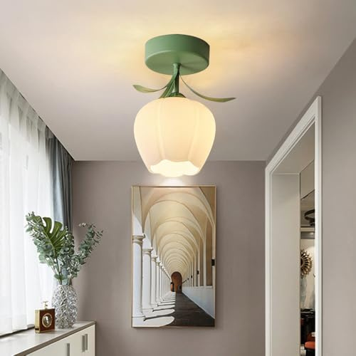 Hängelampe mit blütenförmigem Glas Lampen-Schirm| Ø 20 cm | Pendelleuchte Kronleuchter Deckenlampe Moderne Kreative Blume für das Esszimmer Wohnzimmer Küche Restaurant| E27 Metall Decke Grün (B)