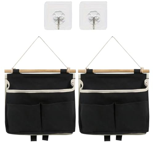 Hsyadazi 2 organizadores colgantes de pared (25 x 27 cm) – Bolsa de almacenamiento para puerta y pared con ganchos – bolsillos múltiples plegables grises para baño, oficina y dormitorio (negro)