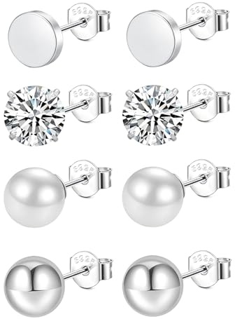Hinvan Pack de 4 Pares Pendientes Mujer Plata de Ley 925 Pequeños Brillantes Pendientes Perla Bola con Circonita Diamante Hipoalergénico Aretes de Mujer Plata Piercing
