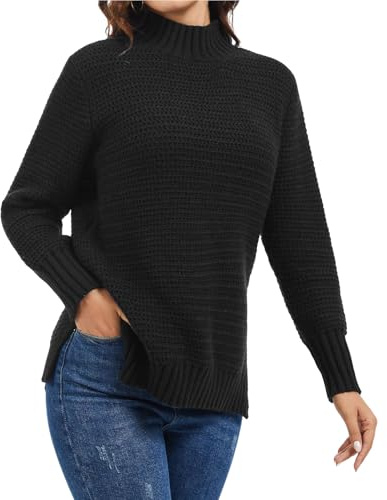 Rayson Pull Femme Hiver Chaud Col Rond Tricoté Pullover Casual Elegant Pull Ample Manche Longue avec Fente Latérale(Noir,XL)