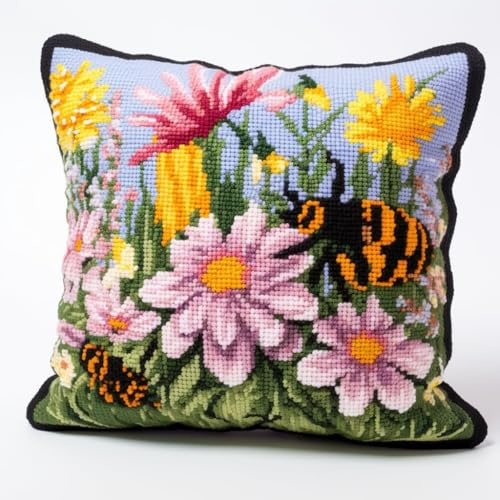 JUYIYUANFUZH Kit De Gancho De Pestillo De CojíN Kit Ganchillo Juego De Cojines De Anudado Abeja Y Flor C Kits De Gancho De Pestillo Para Adultos 43 X 43 Cm