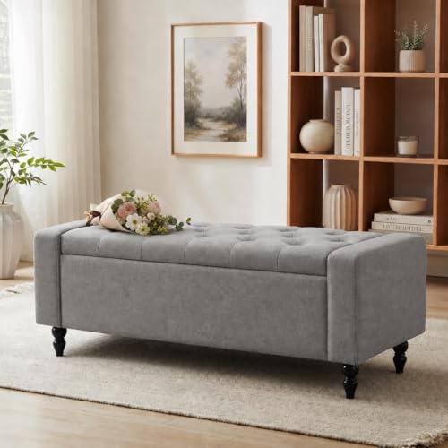 Hellove Ottoman de Rangement avec Coussin – Banc Coffre Design pour Entrée, Salon, Chambre – Grand Espace de Stockage, Assise Confortable en Mousse Épaisse, Structure Robuste, Gris
