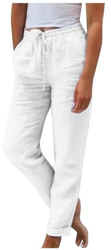 Pantalon Femme en Coton Et Lin Taille Haute Elastique Pantalons Léger Casual Elegant Coupe Droite Pants Fluide Confortable Solide Couleur Palazzo Pant Jambe Large Ample de Plage avec Poches