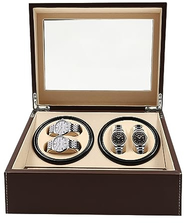 Remontoir Montre Automatique 4+6, Boîte Remontoir Silencieux 10 Compartiments en MDF Simili Cuir, Écrin Présentoir avec Couvercle Verre Rotation Bidirectionnelle Moteur Ultra Silencieux 10DB, 30x24cm
