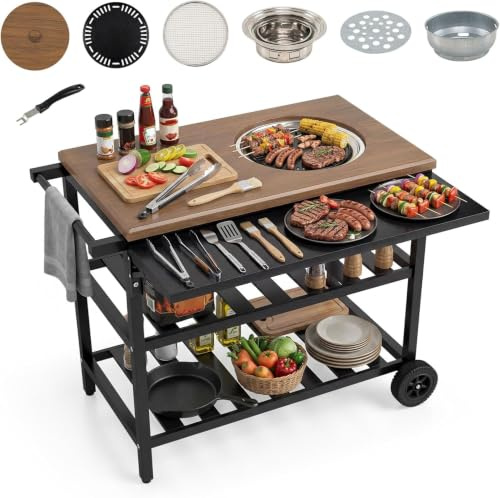 Bärbar Grillvagn Med Fällbara Sidopaneler, 2 Hyllor, Matberedningsstation I Metall På Hjul För Utomhusmatlagning, Trädgård, Bakgård Och Camping - Koreansk Kolgrill