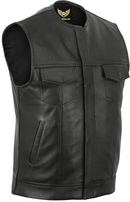 Leatherick Gilet de motard en cuir véritable noir sans col Anarchy Club pour homme de
