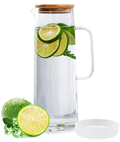 hjn Glass Pitcher with Lid Glass Water Carafe with Handle, Fridge Water Jug Cold or Hot Beverages, Iced Tea, Milk, Juice 1500ml/51oz &