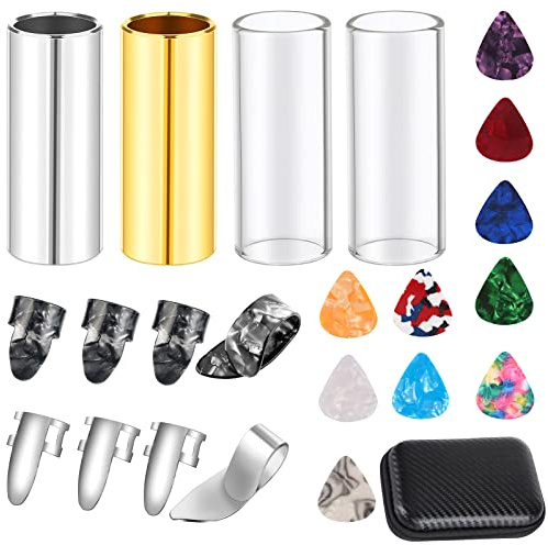 Guitar Slide, 4pcs Augshy Medium Guitar Slides(1 Stainless Steel, 1 Brass and 2 Glass), 4pcs Stainless Steel and 4pcs Plastic Thumb & Finger Picks, 10pcs Guitar Picks All in One Box Guitar Accessories