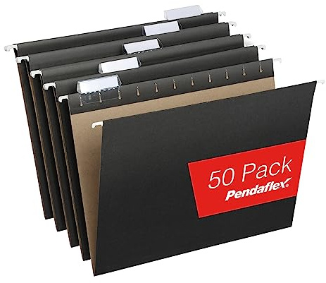 Pendaflex Black Hanging File Folders, 8.5 X 11 Letter Size with 1/5 Cut Adjustable Tabs - 50 Pack