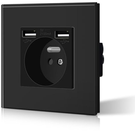BSEED Prise de courant avec USB 2.1A, Prise Murale en verre cristal, Prise Encastrable pour Bureau Domicile 16Amp 240V 86mm Noir