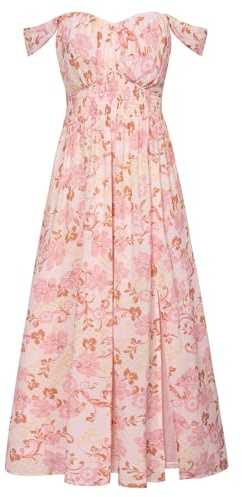 GRACE KARIN Summer Pink Floral Dress for Women 2026,Off the Shoulder Smocked Bridesmaid Dresses,Formal Baby Shower Maxi Dresses L