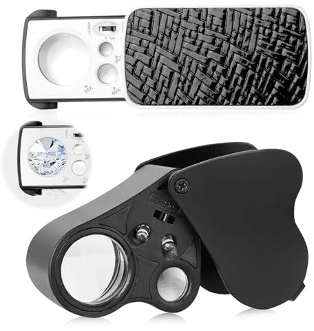 mizikuu 2 Stücke Juweliere Lupe, Juwelierlupe Faltlupe mit LED- und UV-Licht 30X 60X 90X Beleuchtete Schmuck Lupe für Edelsteine, Schmuck, Münzen, Briefmarken, Münzen, Antiquitäten