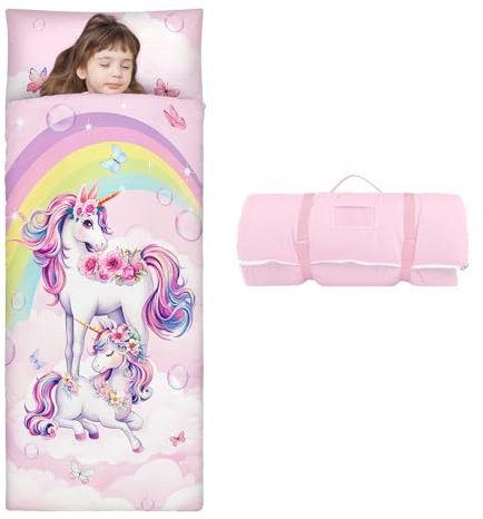 Schlafsack Kinder Doppelter Reißverschluss Weich Warm, Faltbare Kinderschlafsack mit Kissen Abnehmbar für Mädchen Jungen, Leicht Reinigen Schlafsack für Outdoor Indoor Camping, 150×60cm Rosa Einhorn