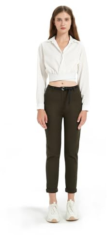 GLOWELFA Pantalon Femme Taille Haute Chic et Élégant Coupe Cigarette Ajustée pour Le Travail et Le Bureau (07121,M,Vert Olive)