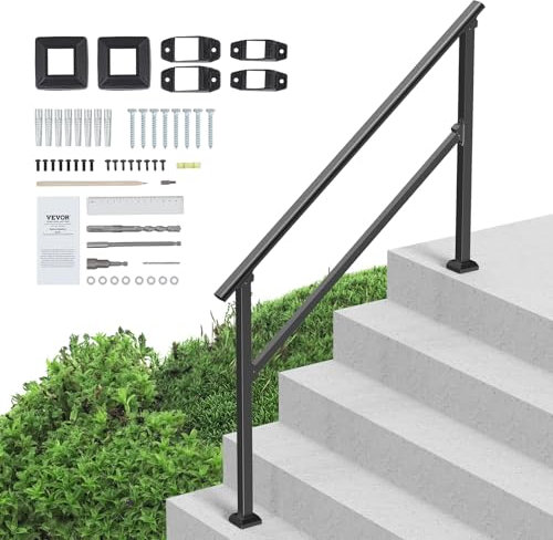 VEVOR Handrails for Outdoor Steps, 4-5 Step Stair Hand Rail Kit, Transitional Carbon Steel Railings with Installation Kit, Stair Rails for Seniors, Concrete Steps & Porch & Deck, Black Square Tube