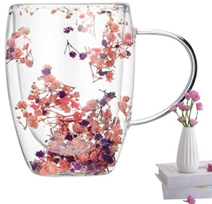 Tasse en verre à double paroi de fleurs sèches, avec poignées, pour café, expresso et thé transparent