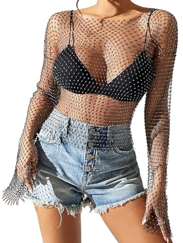 KFLY Sexy Sheer Tops for Women Rhinestone Fishnet Blouse Glitter Tank Crop Top Hollow Out Beach Cover Up Dress Summer Round Neck Clubwear Rave Outfit Festival Y2K