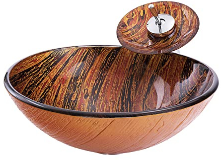 Aioneer Bathroom Vessel Sink Flames Tempered Glass Vessel Sink Bowl Round Counter Top Installation Bathroom Vessel Vanity Sink Art Basin With Brass Chrome Waterfall Faucet, Pop U