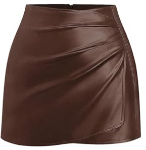 GORGLITTER Women's PU Leather Wrap Mini Skirts High Waisted Ruched Skinny Vintage Sexy Skorts Brown Medium