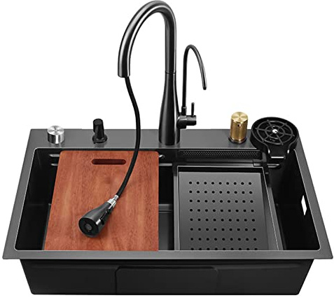 Premium köks- arbetsstation handfat 3-i-1 svart handgjord vattenfallsdesign med tillbehör stor inbyggd storlek (68 x 46 x 23 cm och 75 x 46 x 23 cm) för moderna kök