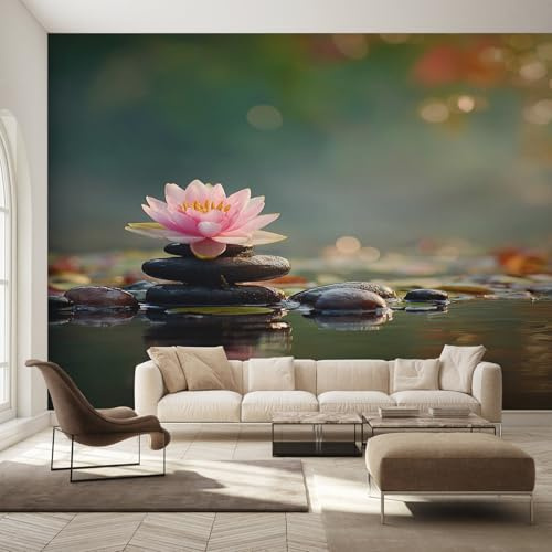 Generico Carta da Parati Fiore di Loto Rosa, Fotomurale in Tessuto Non Tessuto Pietra Zen, Decorazione Murale per Soggiorno, Camera da Letto, TV Sfondo, 200x140 cm