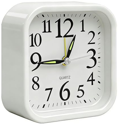 Tyst analog väckarklocka utan ticking, liten kompakt kvarts reseväckarklocka, bärbar reseklocka för sovrum, kontor, nattduksbord, enkel alarm- och tidsinställning, vit