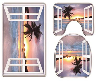 A.Monamour Badezimmer Badematte 3 Teilig Set Offene Fenster Blick Auf Palme Meer Tropischen Landschaft Sonnenaufgang Natur Strand Flanell Saugfähig Badteppiche Badvorleger Badgarnitur WC Vorleger
